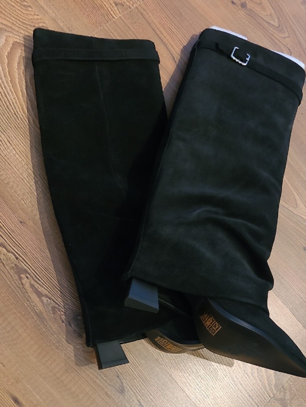 Free People Black Suede Knee-High Heeled Boots with Buckle Detail